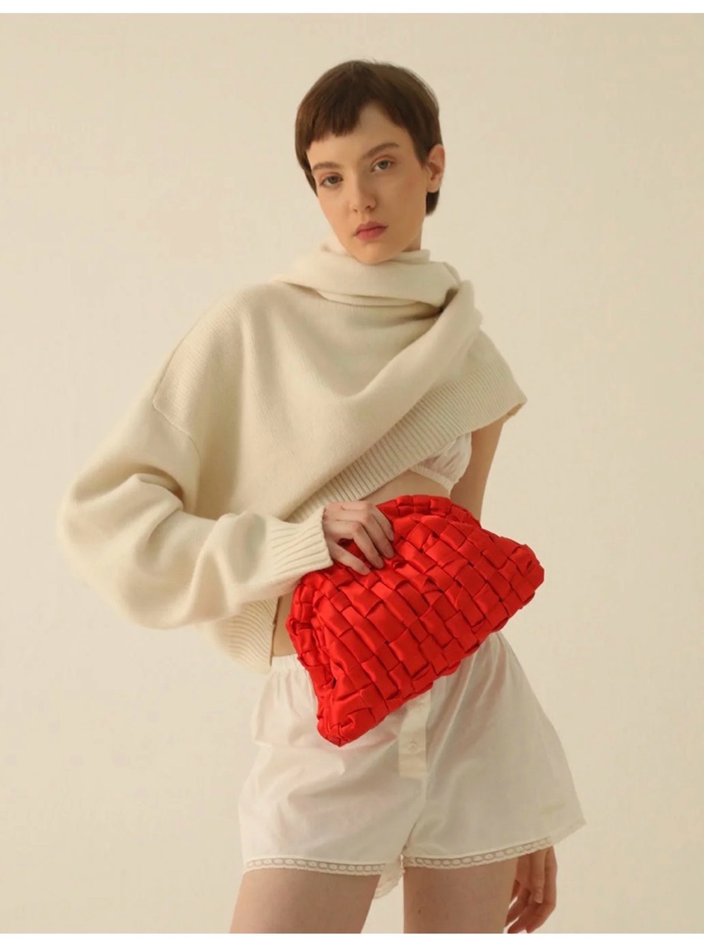 Maria La Rosa Handwoven Red and Cream Crochet Clutch Bag 12x 7 NWT